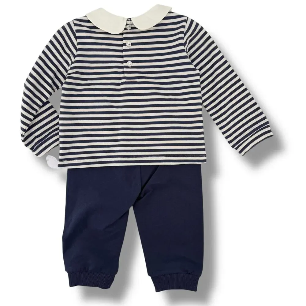 Edgehill Collection Navy Stripe 2pc Outfit Baby Boy Sz 12M Peter Pan Collar